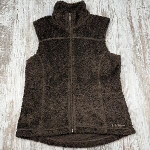 Womens L LL Bean Brown Fuzzy Teddy Bear Fleece Sleeveless Vest Full Zip Sz S